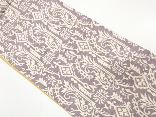 手織り紬　草花模様織り出し　全通袋帯